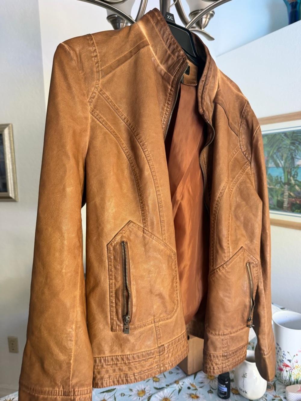Cognac Faux Leather Zip Jacket